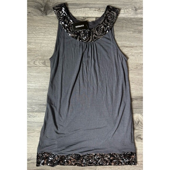 EXPRESS Charcoal Gray Sequin Trimmed Cotton Tunic Mini Dress Size S Side Pockets - Picture 1 of 10